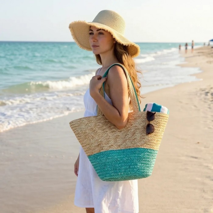 Straw Tote: Woven Wheat Straw Tote - 2 Tones - Turquoise - BG-R11052TQ